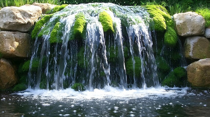 Cascading waterfall flows over mossy rocks into a tranquil pool. Lush greenery surrounds the water feature