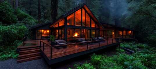 A cozy modern cabin nestled within a dense and green forest