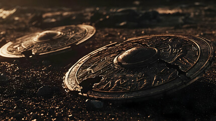 Two weathered, cracked shields rest on the ground, hinting at a bygone era.  Detailed carvings and a bronze-like patina adorn the broken surfaces.  Sunlight illuminates the scene
