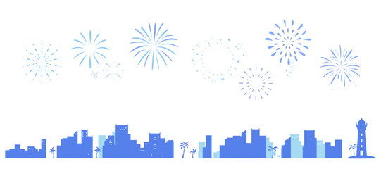 Obraz premium 海辺の街並みと花火のシルエットのフレームイラスト 背景イラスト 都市景観
