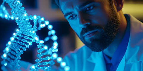 Scientist examining glowing DNA model in lab, genetic research and biotechnology, molecular biology

