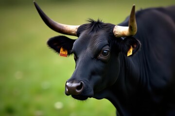 Close-up of a black bull's head, prominent horns and ear tags, strong, bovine