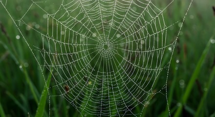Obraz premium A glistening spiderweb, adorned with morning dew, hangs suspended in a vibrant green meadow