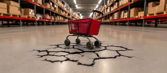 Obraz premium A red shopping cart sits upon a cracked concrete warehouse floor