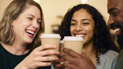 
Young friends meeting sitting at table in coffee shop enjoying cafe drinking chatting happy african man and woman group business close up cup and hand holding