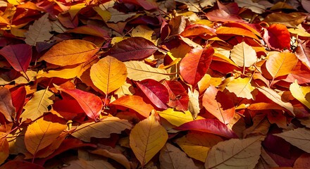 A vibrant tapestry of autumn leaves, in hues of red, orange, and gold, blankets the ground in a sundappled display