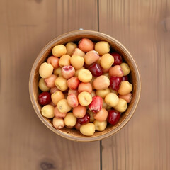 Top View of Cornel Berries in Bowl on Wooden Surface