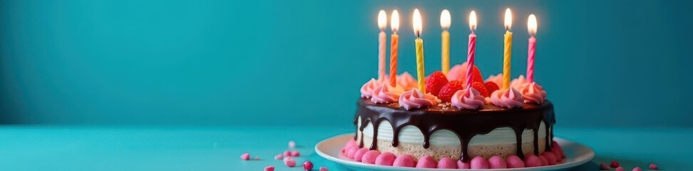 Delicious birthday cake, lit candles, blue backdrop, strawberry, bakery, sweet