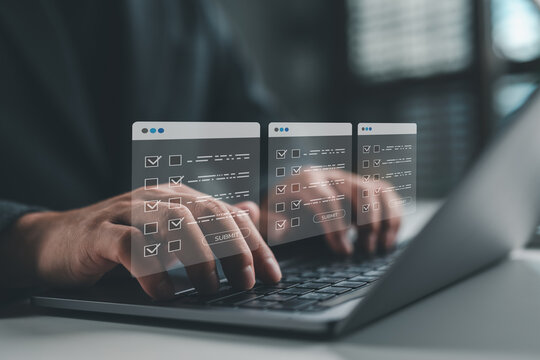 Online survey and assessment concept with person filling digital forms on laptop. Ideal for e-learning, feedback systems, data collection, market research and remote evaluations.