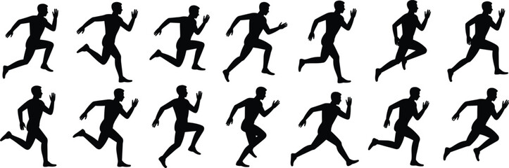 Running man silhouette vector set, athletic sprinting pose collection, male runner motion graphic, fitness exercise icon