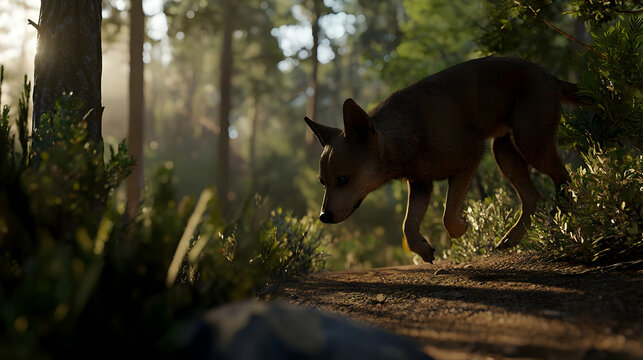 Brown Dog Running On Forest Trail In Sunny Morning Light