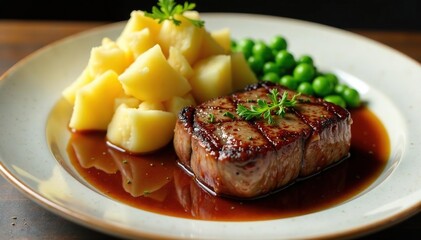 Sizzling steak, fluffy potatoes, bright peas, glossy brown sauce , restaurant, vegetables