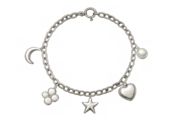 Silver charm bracelet featuring moon, star, heart, sphere, and flower charms, isolated on a transparent background, perfect for jewelry and fashion projects