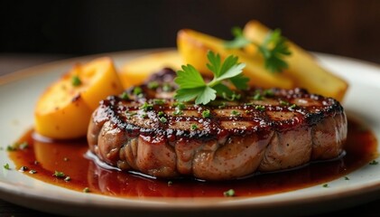 Sizzling steak, peppercorn sauce, roasted potatoes , roasted, warm, peppercorn sauce