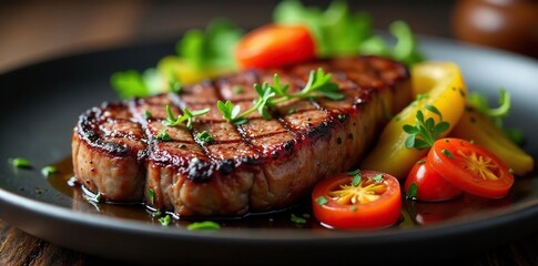 Perfectly seared steak with vibrant grilled vegetables , meal, tasty, fresh