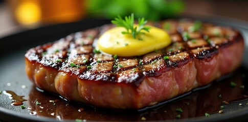 Juicy grilled steak, perfect grill marks, melted herb butter , meat, cooking