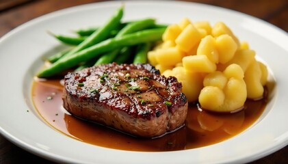 Juicy steak with fluffy potatoes, garden peas, and rich gravy , foodie, home cooked meal