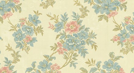 A delicate pattern of blush pink and dusty blue flowers blossoms across a creamy yellow background