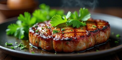 Sizzling steak, crispy crust, green herb butter , meat, herb, high-resolution