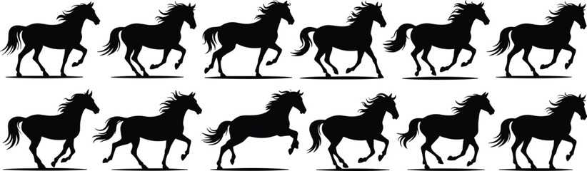 Running horse silhouette vector, galloping stallion artwork, black horse motion clipart, wild mustang icon,