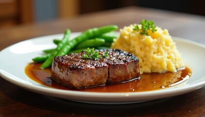 Juicy steak with fluffy potatoes, garden peas, and rich gravy , simple meal, gravy, home cooked meal