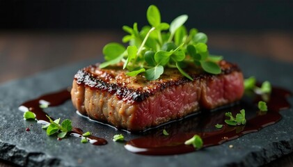 Seared steak, vibrant microgreens, black slate, elegant sauce drizzle , gourmet, dark