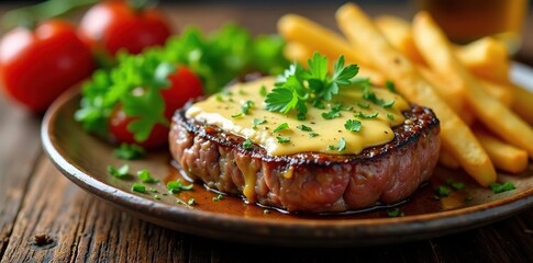Juicy steak, gooey cheese, vibrant herbs, golden fries , high-resolution, close-up, culinary