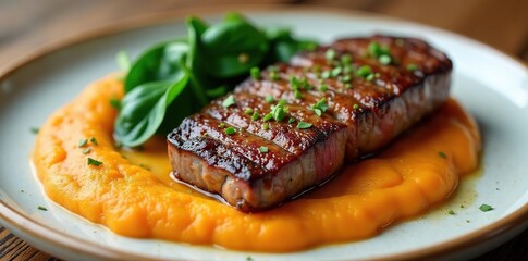 Seared steak, smooth sweet potato pur?e, sauteed spinach, honey glaze, steak, protein