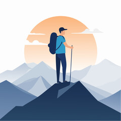 Vector illustration of a hiker standing on mountain peak at sunrise, minimalist silhouette style with layered mountain background