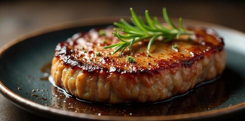 Golden-brown steak crust, rosemary sprig, soft light , foodphotography, gastronomy