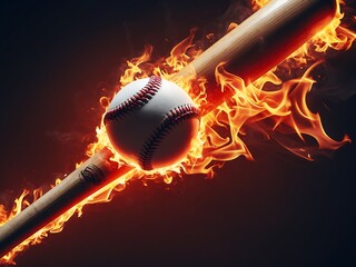 Fiery Baseball Bat and Ball Intense Orange and Red Flames Dark Background Dynamic Sports Image fire