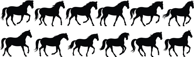 Horse silhouette vector collection, running horse graphics, black stallion illustrations, farm animal design set for logo