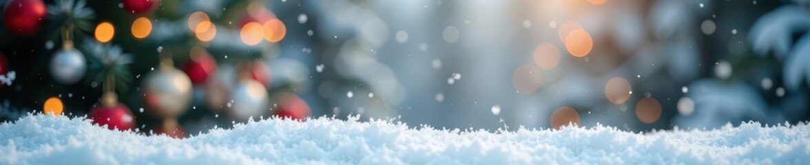 Blank white snow, blurred bokeh Christmas tree background, visual, image