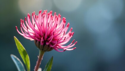 Pink Grevillea against a cool, metallic silver backdrop Early morning light highlights petals , dew, floral, pink