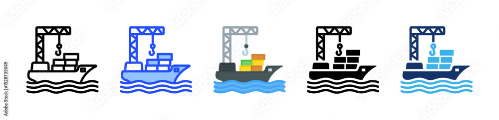 Poster container ship icon collection with multiple styles
