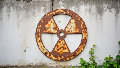 Rusty nuclear disarmament sign on a weathered wall with greenery  