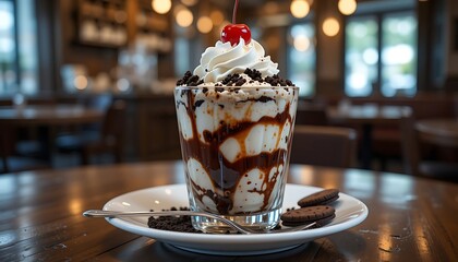 Decadent Chocolate Sundae with Whipped Cream, Cookies, and Cherry Topping in a Restaurant Setting