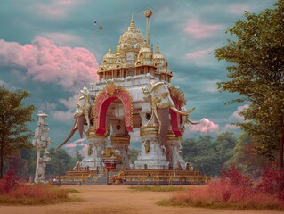 Ornate Buddhist temple in a lush atmospheric landscape