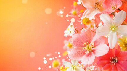 A vibrant, colorful floral arrangement with pink and white flowers against a warm, orange background.