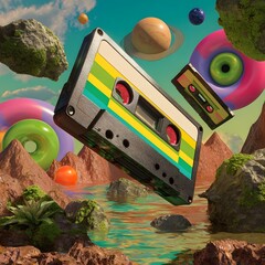 Retro cassette tape in a surreal fantastical landscape