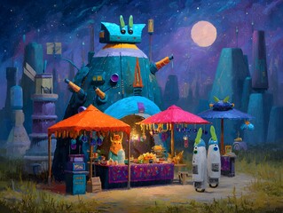 Surreal Night Market in a Fantastical Realm
