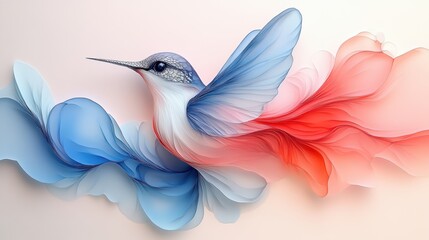 Obraz premium Abstract hummingbird art in soft colors blend of blues whites and reds for a creative modern aesthetic design