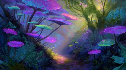 Fantastical glowing mushroom forest
