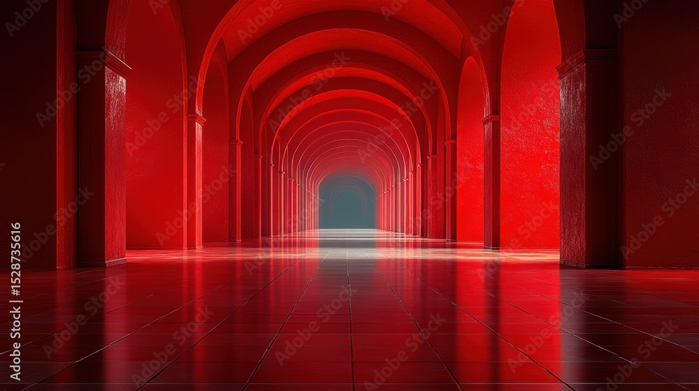 Poster vivid crimson tunnel architecture with endless archways reflecting light creating depth and perspect