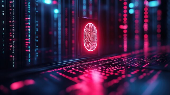 A glowing finger print scaner verifying access to a high-tech server