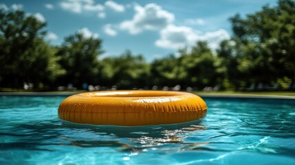 Serene poolside escape vibrant yellow pool float resting gently on the blue water surrounded by summer trees and a cloudscape