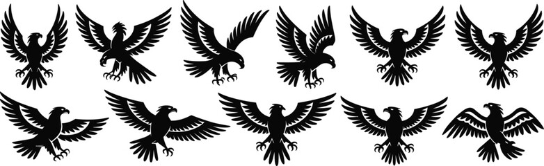 Eagle silhouette collection, flying hawk logo design, raptor icon set, fierce bird illustration, tattoo art, vector graphic pack.