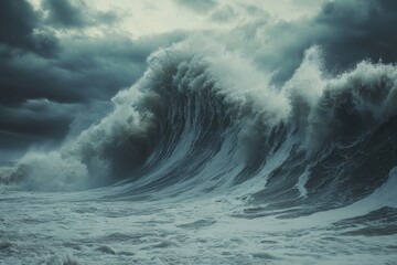 Giant tsunami wave crashing onto a stormy beach with turbulent skies above, tsunami or giant wave at beach disaster Photo background Seamless ing quality