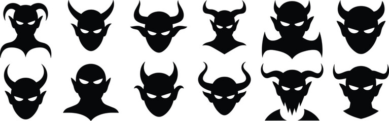 Devil head silhouettes vector set with horns, evil demon faces, scary Halloween clipart design, black monster icons,