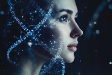 Woman with digital DNA strands overlay representing genetic research and biotechnology concepts, Woman with digital DNA strands overlay, concept for biotechnology and innovation